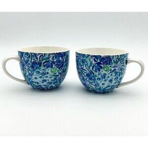 2 Lilly Pulitzer Ceramic Coffee Tea Mugs Blue Green White Lavender Floral 12 0z